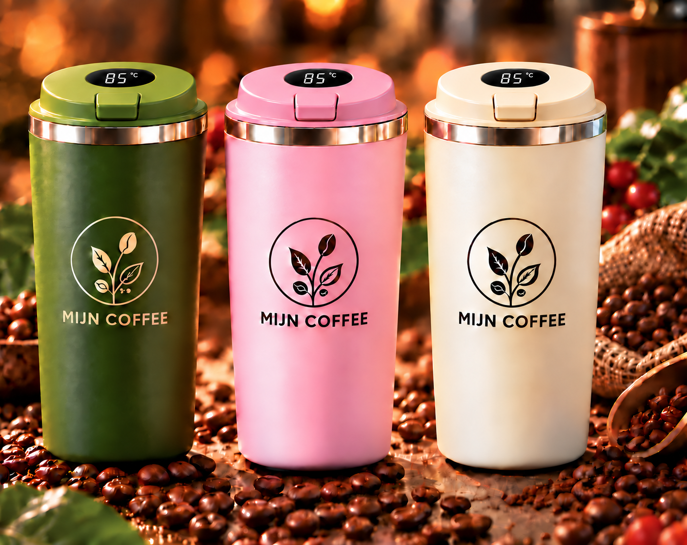 De drie MIJN COFFEE thermische bekers in groen, roze en crème met temperatuurdisplay